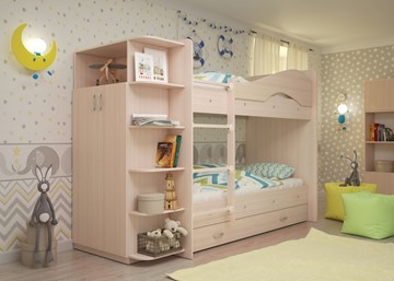 Детская 2-этажная кровать ТМК Мая на щитах со шкафом и ящиками, цвет Млечный дуб в Грозном