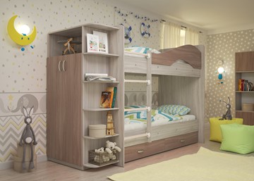 Детская двухэтажная кровать ТМК Мая на щитах со шкафом и ящиками, корпус Шимо светлый, фасад Шимо темный в Грозном