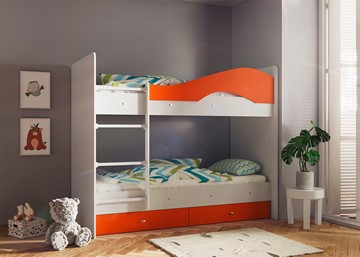 Кровать двухъярусная Мая с 2 ящиками на щитах, корпус Млечный дуб, фасад Оранжевый в Грозном