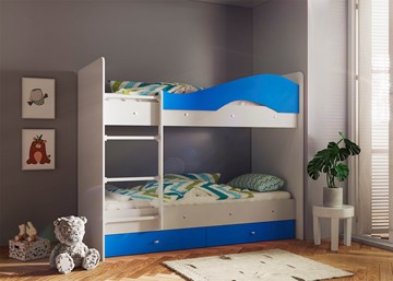 Детская 2-ярусная кровать ТМК Мая с 2 ящиками на щитах, корпус Млечный дуб, фасад Синий в Грозном