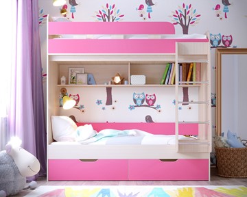 Двухэтажная детская кровать Ярофф Юниор-5, каркас Дуб, фасад Розовый в Грозном