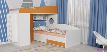 Кровать-чердак в детскую Кадет-2 с металлической лестницей, корпус Белое дерево, фасад Оранжевый в Грозном