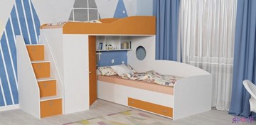 Детская кровать-чердак Кадет-2 с универсальной лестницей, корпус Белое дерево, фасад Оранжевый в Грозном