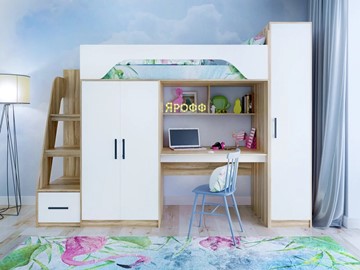 Кровать-чердак детская с шкафом Ярофф Тея, каркас Ясень, фасад Белый в Грозном