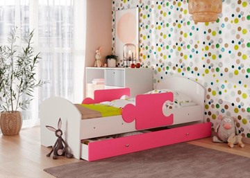 Детская кровать с бортиками и ящиком Мозайка, корпус Белый/фасад Розовый (ламели) в Грозном