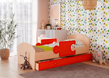 Детская кровать с бортиками и ящиком Мозайка, корпус Млечный дуб/фасад Оранжевый (ламели) в Грозном
