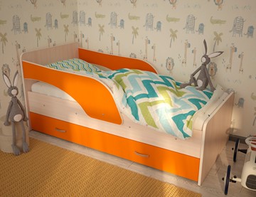 Кровать с бортиками Максимка, корпус Млечный дуб, фасад Оранжевый в Грозном