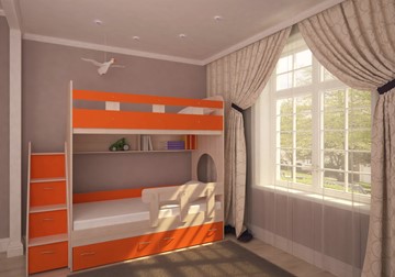 Двухэтажная кровать Ярофф Юниор-1 с бортом, каркас Дуб, фасад Оранжевый в Грозном