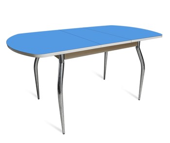 Стеклянный кухонный стол ПГ-01 СТ2, дуб молочный/синие стекло/35 хром гнутые металл в Грозном