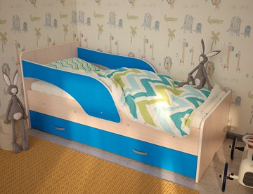 Детская кровать с бортиками Максимка, корпус Млечный дуб, фасад Синий в Грозном - предосмотр