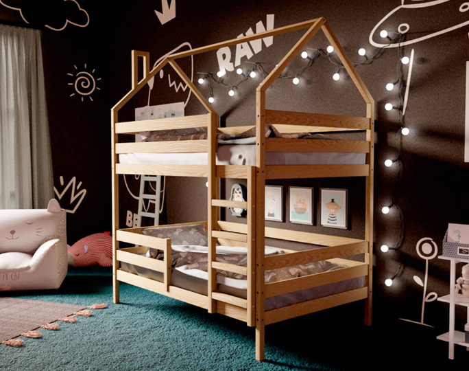 Двухэтажная детская кровать Домик, без покраски в Грозном - изображение 1