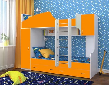 Детская 2-этажная кровать Юниор-2, каркас Белое дерево, фасад Оранжевый в Грозном