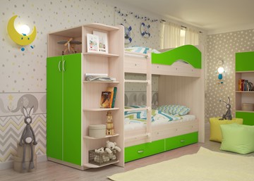 Двухэтажная детская кровать Мая на щитах со шкафом и ящиками, корпус Млечный дуб, фасад Салатовый в Грозном