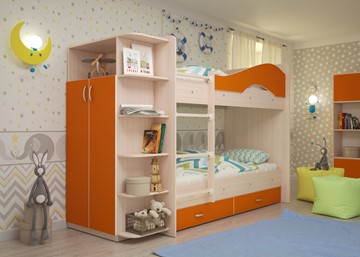 Детская двухъярусная кровать Мая на щитах со шкафом и ящиками, корпус Млечный дуб, фасад Оранжевый в Грозном