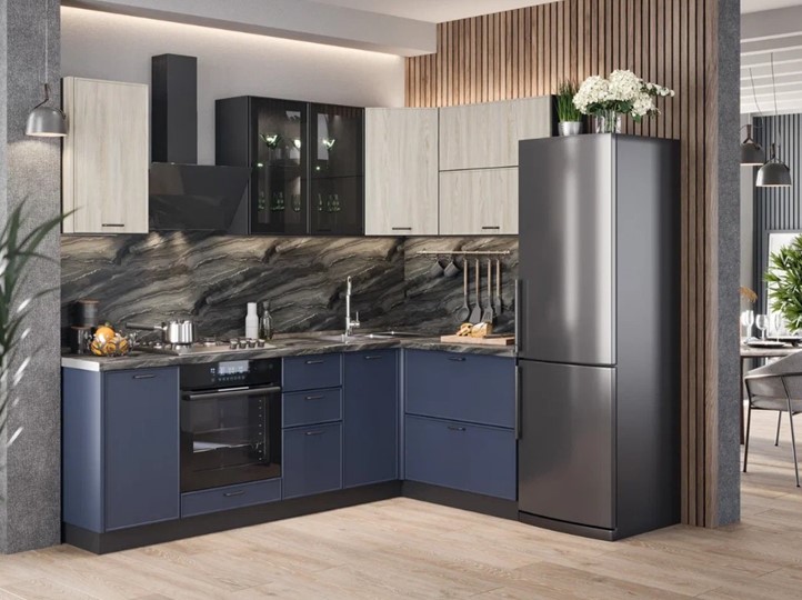 Кухонный угловой гарнитур 2400 Индиго, Черный/Дуб мадейра топаз/Темно-синий в Грозном - изображение