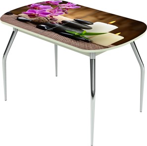 Кухонный стол раздвижной Ривьера исп.2 ноги метал. крашеные №24 Фотопечать (Цветы №18) в Грозном