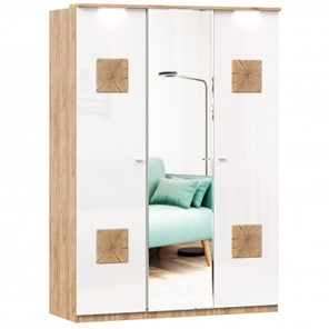 3-створчатый шкаф Фиджи с зеркалом и декоративными накладками, Дуб золотой/Белый в Грозном