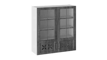 Кухонный навесной шкаф Прованс (Белый глянец/Санторини темный) cо стеклом В_96-90_2ДРДс в Грозном