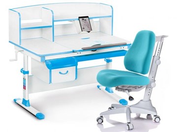 Комплект растущая парта + стул Mealux-EVO Evo-50 BL (арт. Evo-50 BL + Y-528 KBL) / (стол+полка+кресло) / белая столешница / цвет пластика голубой в Грозном