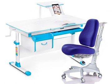 Комплект растущая парта + стул Mealux EVO Evo-40 BL (арт. Evo-40 BL + Y-528 SB) / (стол+полка+кресло) / белая столешница / цвет пластика голубой в Грозном
