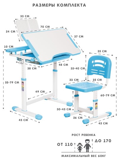 Растущие парта + стул SET HOLTO-17А, голубой в Грозном - изображение 11
